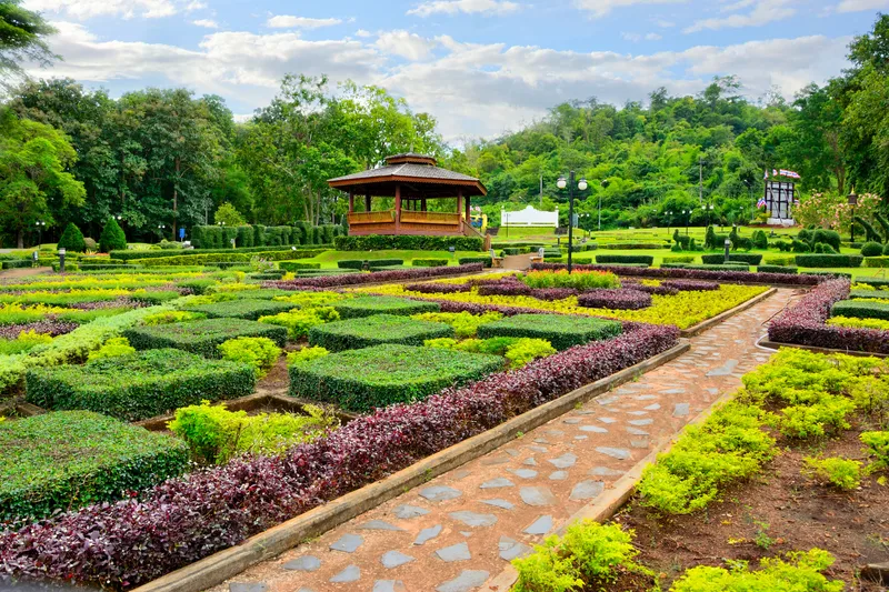 Country Cottage Garden Path Thai Style Pavilion Is Located Middle With Tree Background