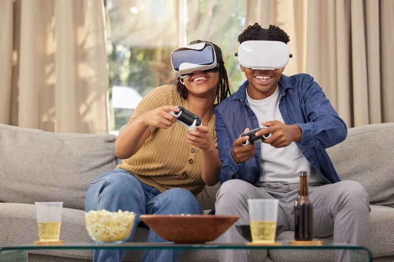 Couple Virtual Reality Video Games Esport Metaverse People Home Futuristic Gaming Date Time Together Fun Digital World With Man Woman Living Room With 3d Games Tech