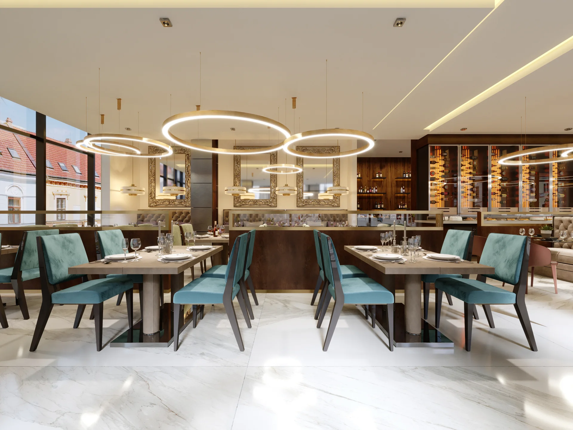 Cozy Luxury Interior Restaurant Comfortable Modern Dining Place Contemporary Design Background 3d Rendering. Abstract wall…