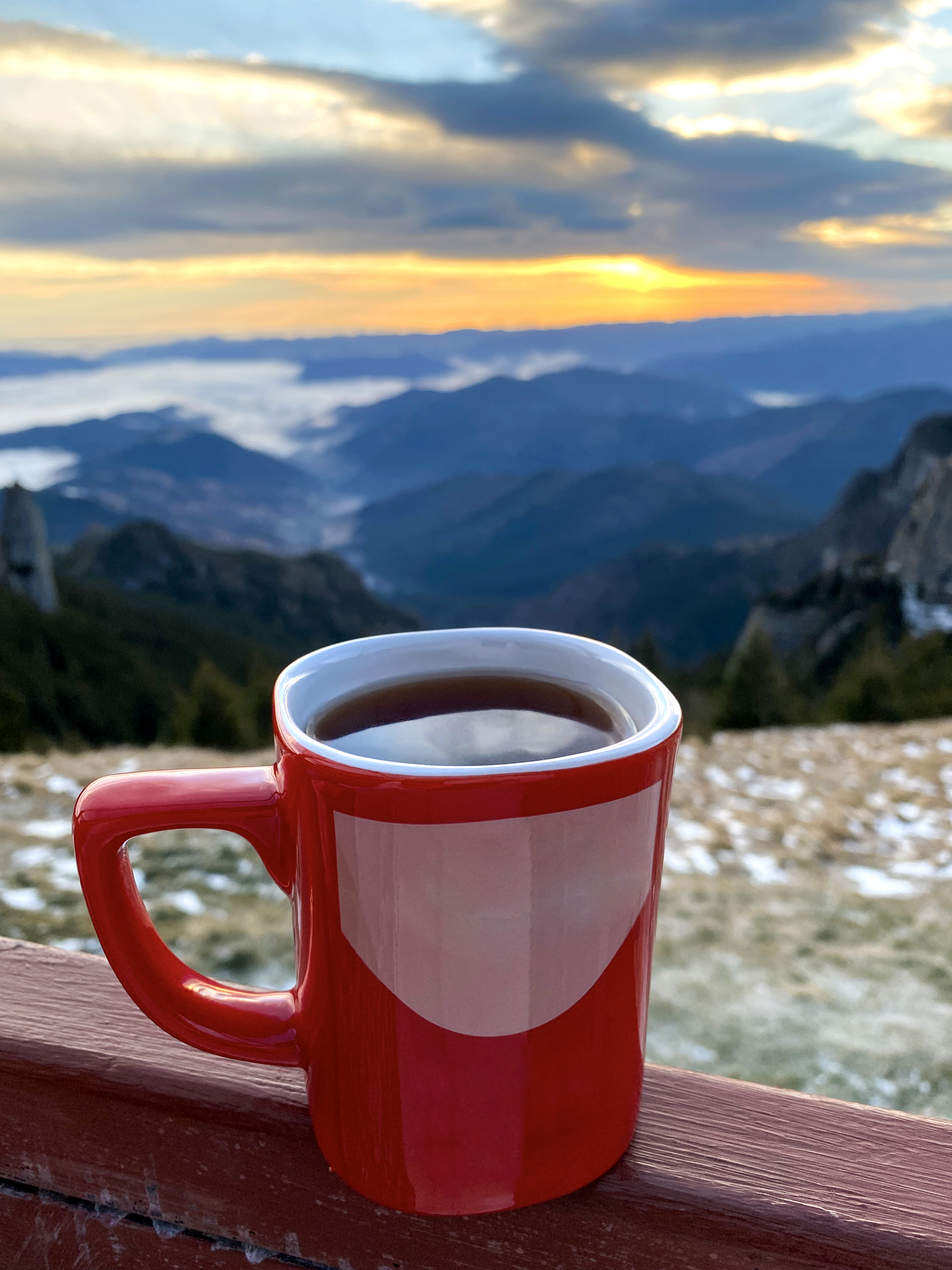 Cup Coffee Toaca Peak Carpathians Sunset Romania