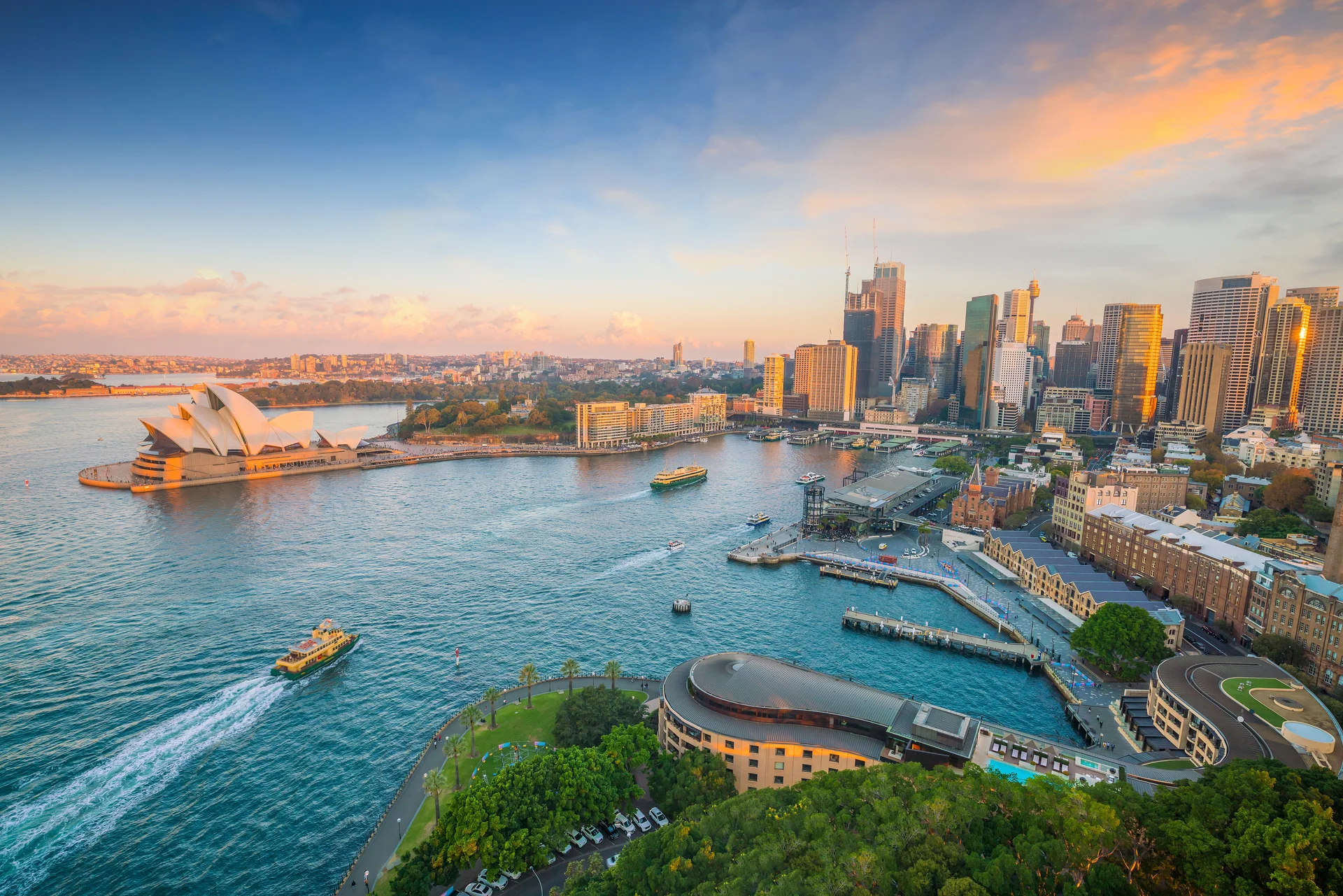 Downtown Sydney Skyline Australia From Top View Twilight. Aerial wallpaper. 4500×3002px. Free download for personal use.