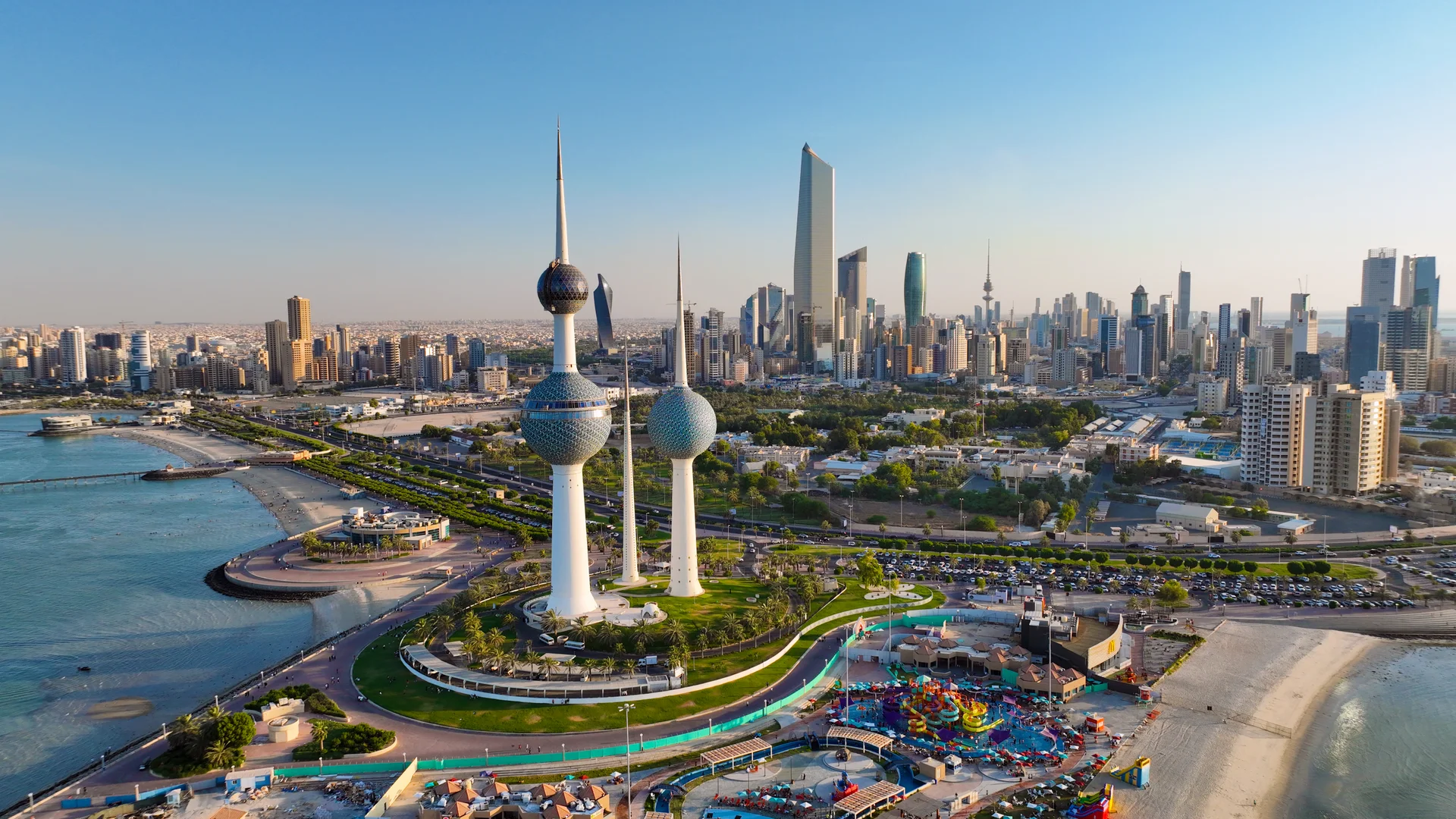 Drone Photo Kuwait City Kuwait Tower From Sky. Cities wallpaper. 10000×5625px. Free download for personal use.