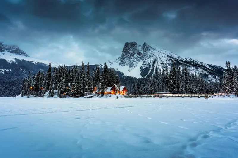 Emerald Lake With Wooden Lodge Glowing Snowy Pine Forest Rocky Mountains Winter Yoho National Park