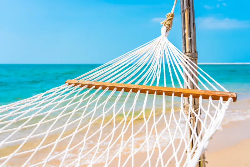 Empty White Hammock Around Sea Beach Ocean Leisure Travel Vacation Concept