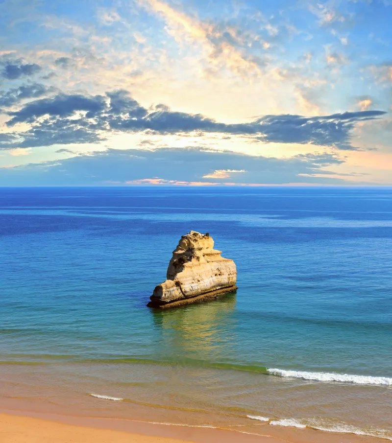 Evening Sunset Sandy Beach Praia Dos Tres Castelos With Rock Formations Portimao Algarve Portugal