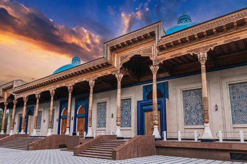 Facade Museum Victims Political Repression Decorated Wooden Carved Columns Oriental Uzbek Mosaics Tashkent