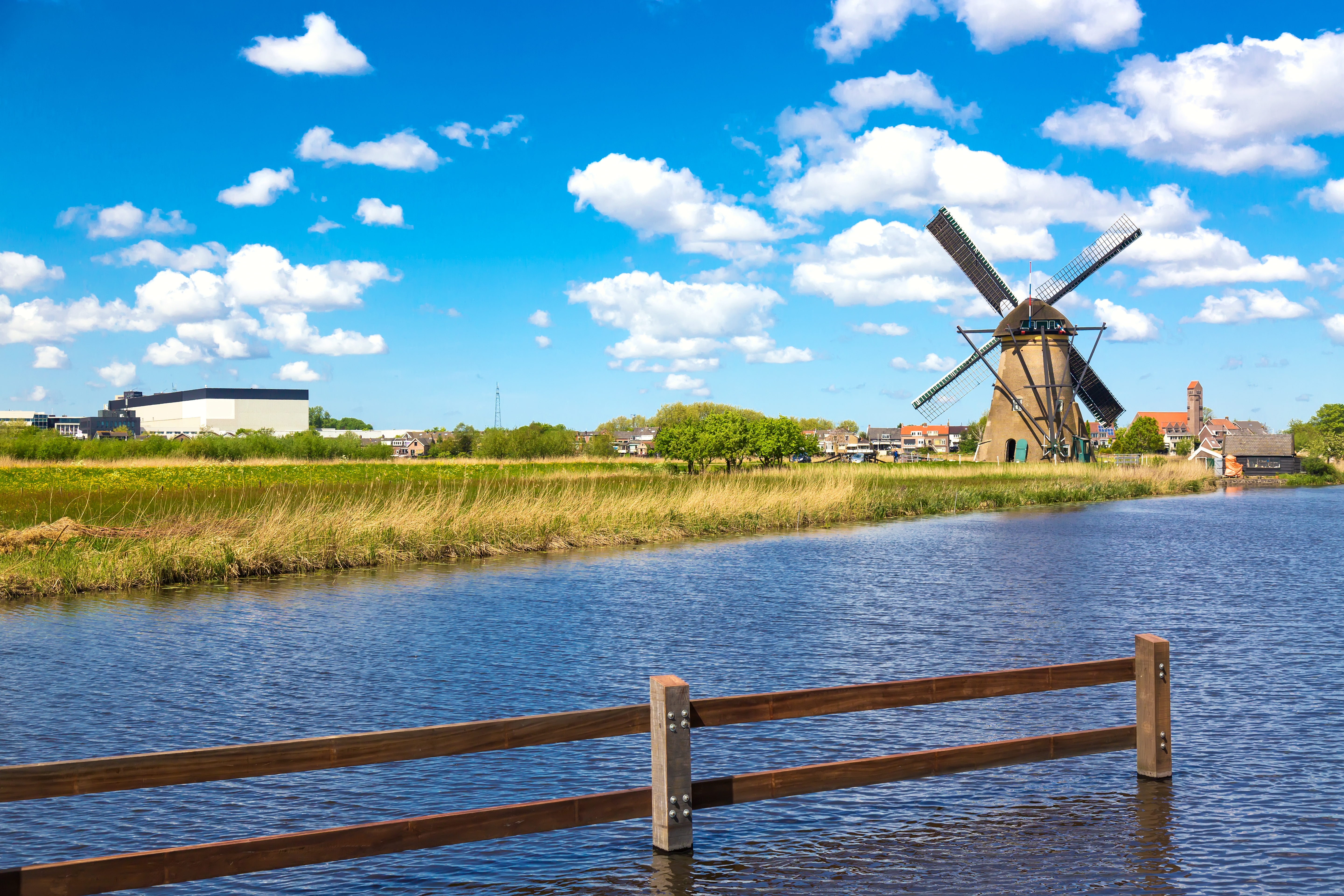 Famous Windmills Kinderdijk Village Netherlands Colorful Spring Rural Landscape With Windmill River Unesco World Heritage Famous Tourist Site