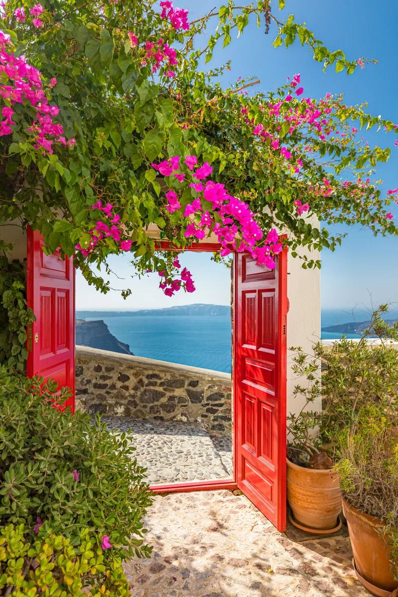 Fantastic Travel Background Santorini Urban Landscape Red Door Gate Stairs White Architecture
