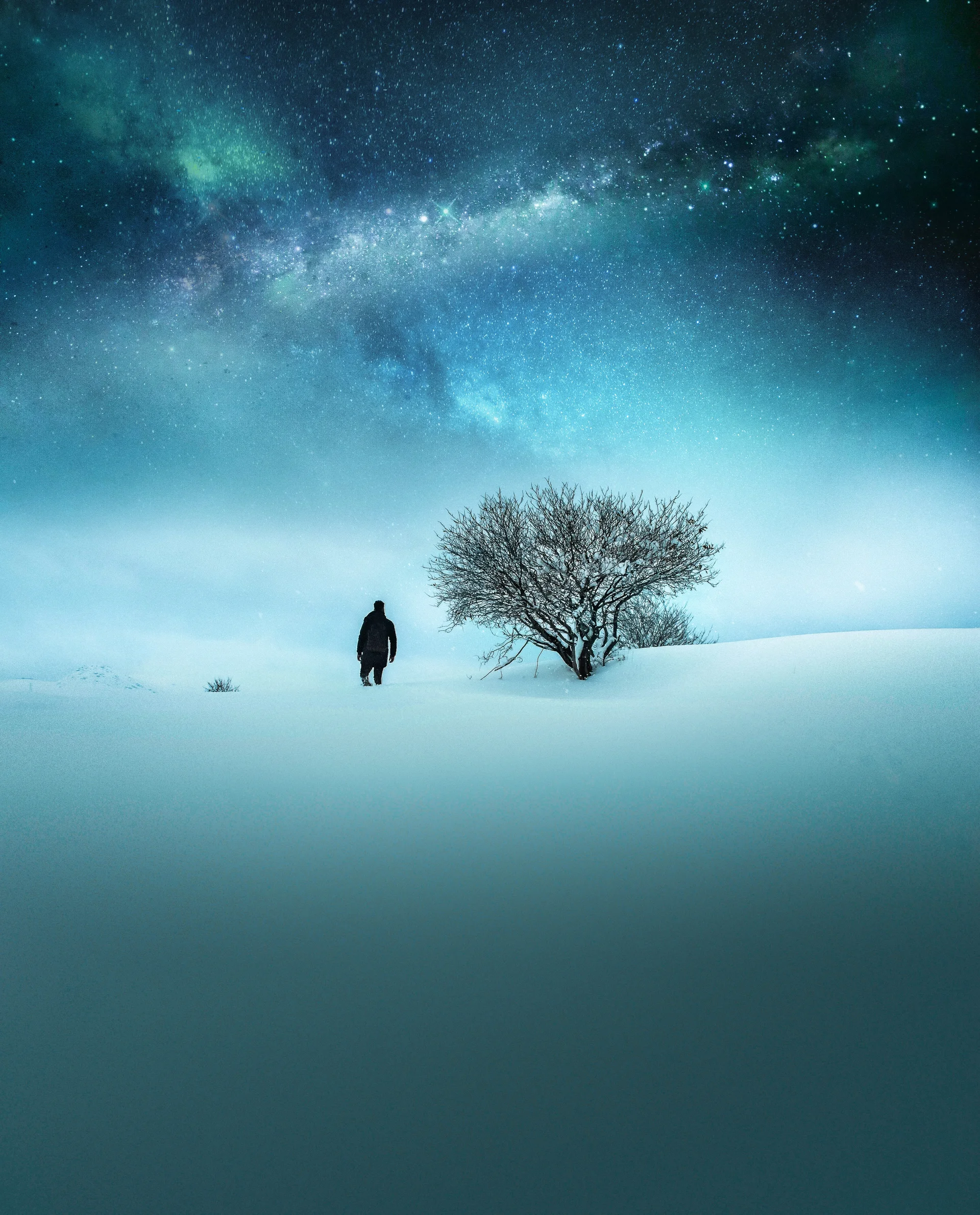 Fantasy Concept Traveler Dressed Black Exploring Snow With Breathtaking Starry Sky. Nature wallpaper. 4000×4958px. Free do…