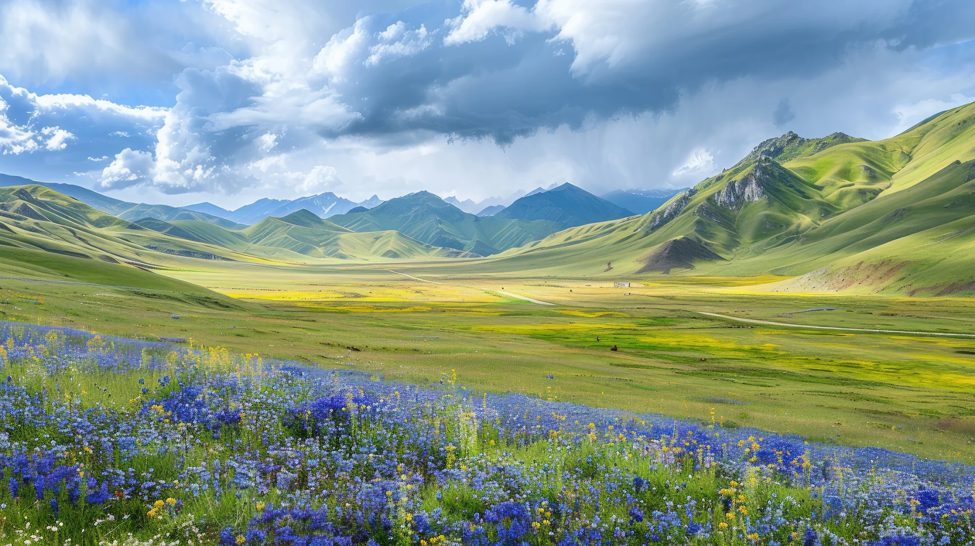 Field Road Blue Purple Flowers Clearing Along Road Mountains Horizon Blue Sky. Nature wallpaper. 4684×2624px. Free downloa…