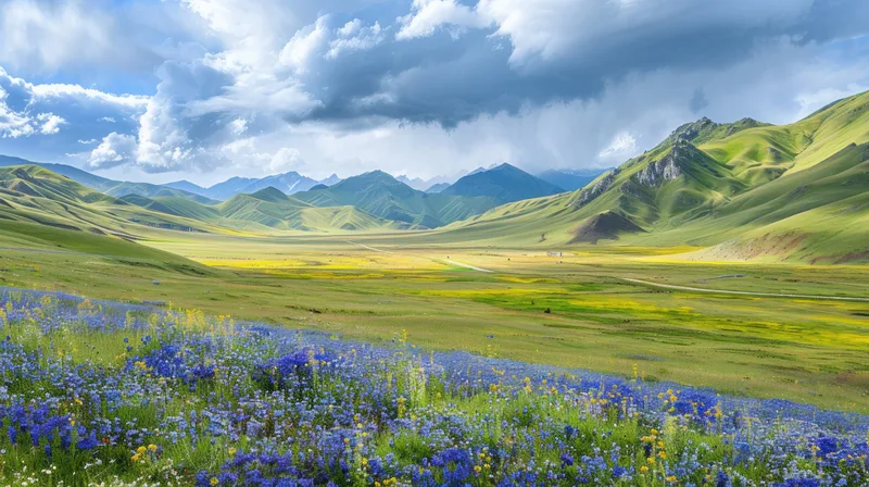 Field Road Blue Purple Flowers Clearing Along Road Mountains Horizon Blue Sky