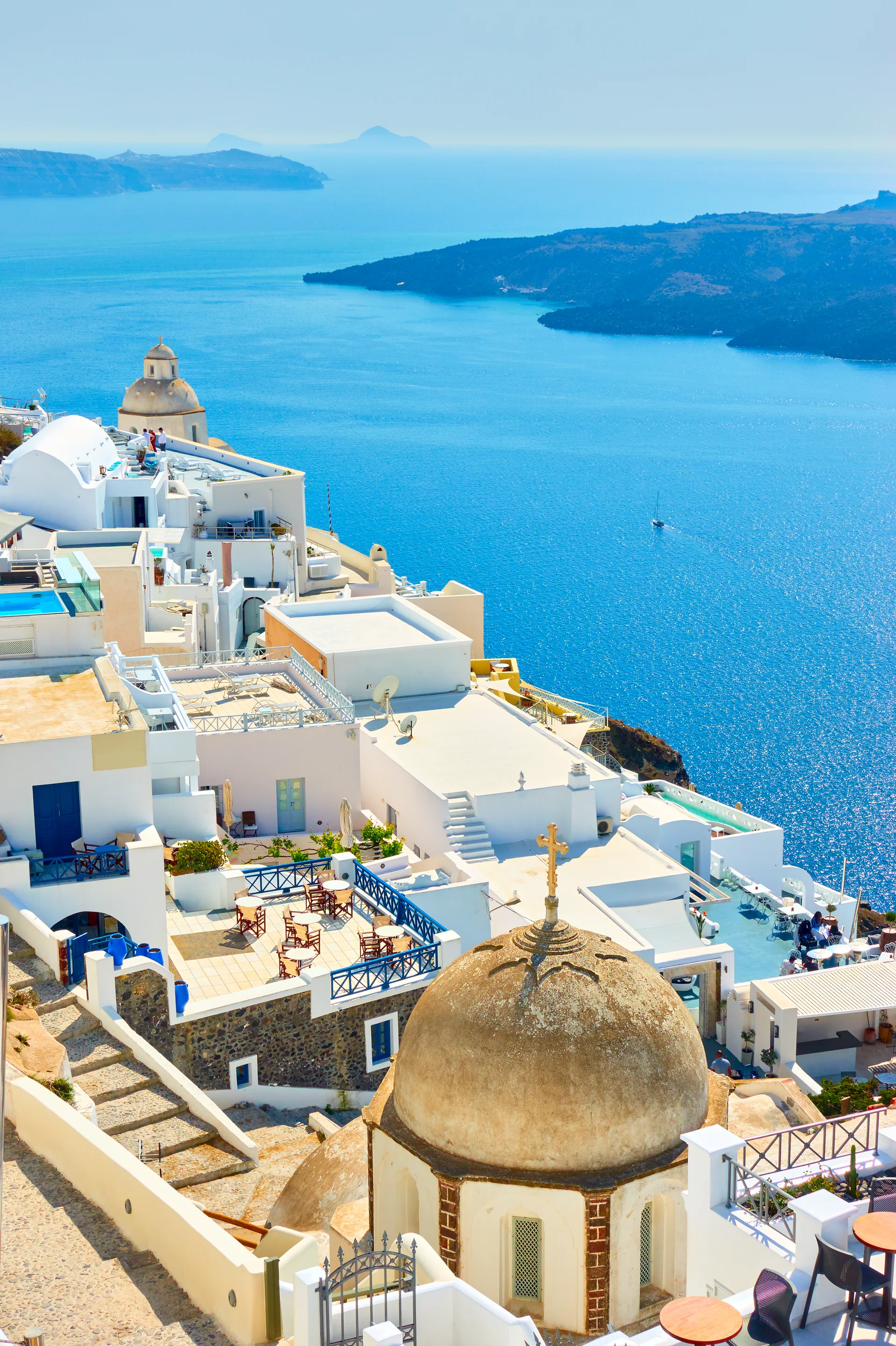 Fira Town By Sea Santorini Island Greece From Greek Landscape. Nature wallpaper. 3648×5480px. Free download for personal use.
