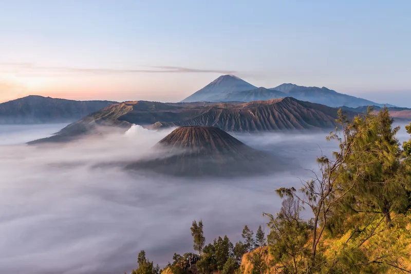 Fog Covered Bromo Mountain Valley Sunrise