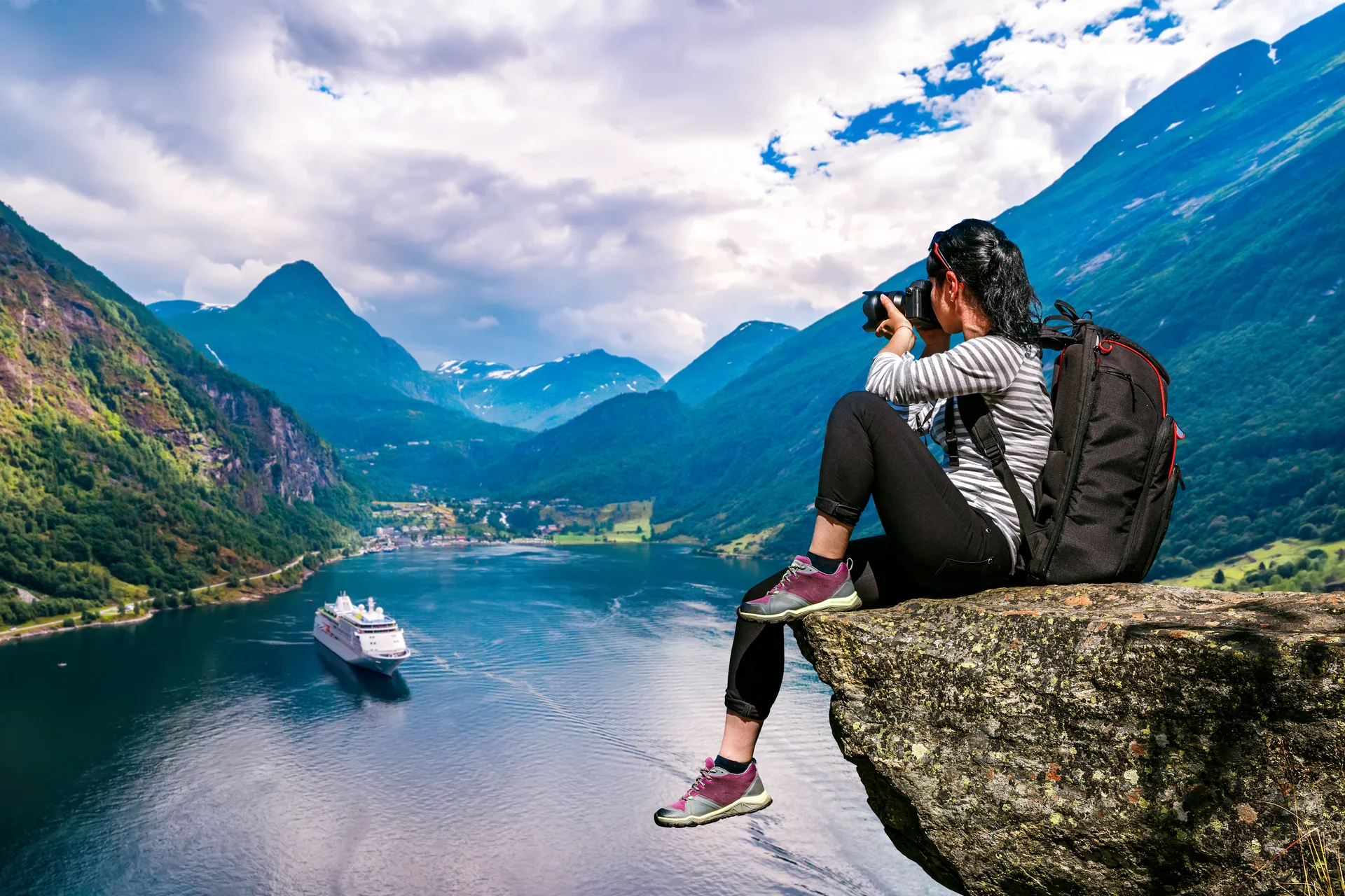 Geiranger Fjord Beautiful Nature Norway Panorama Nature Photographer Tourist With Camera Shoots. Uncategorized wallpaper. …