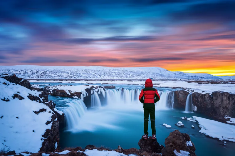 Godafoss Waterfall Sunset Winter Iceland Guy Red Jacket Looks Godafoss Waterfall