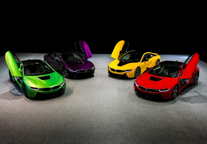 Green Yellow Red Purple Violet Sedan Sport Cars Standing Dark Space