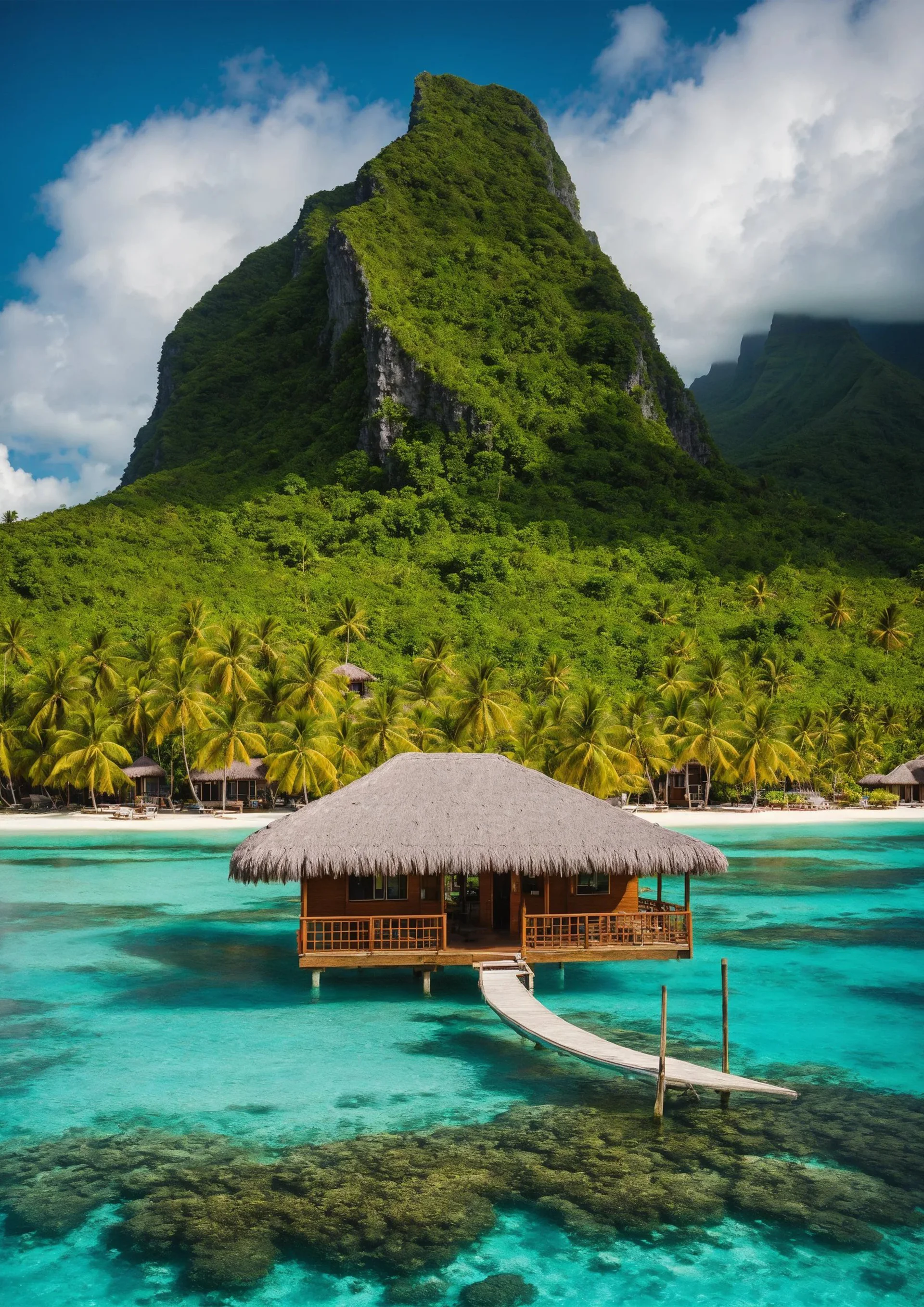 Hawaiian Beach Bungalow View Art 1. Aerial wallpaper. 3508×4961px. Free download for personal use.