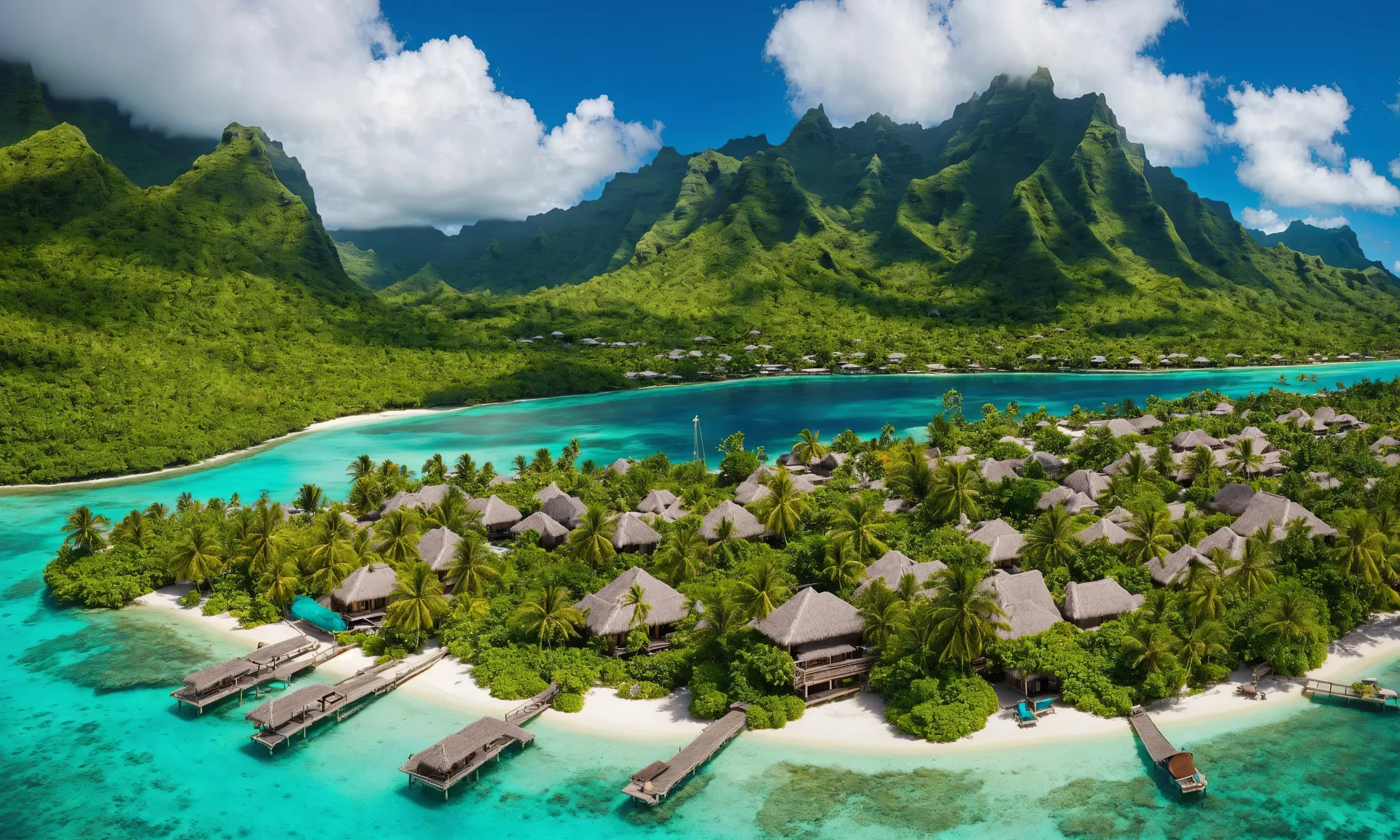 Hawaiian Beach Bungalow View Art. Aerial wallpaper. 5120×3072px. Free download for personal use.