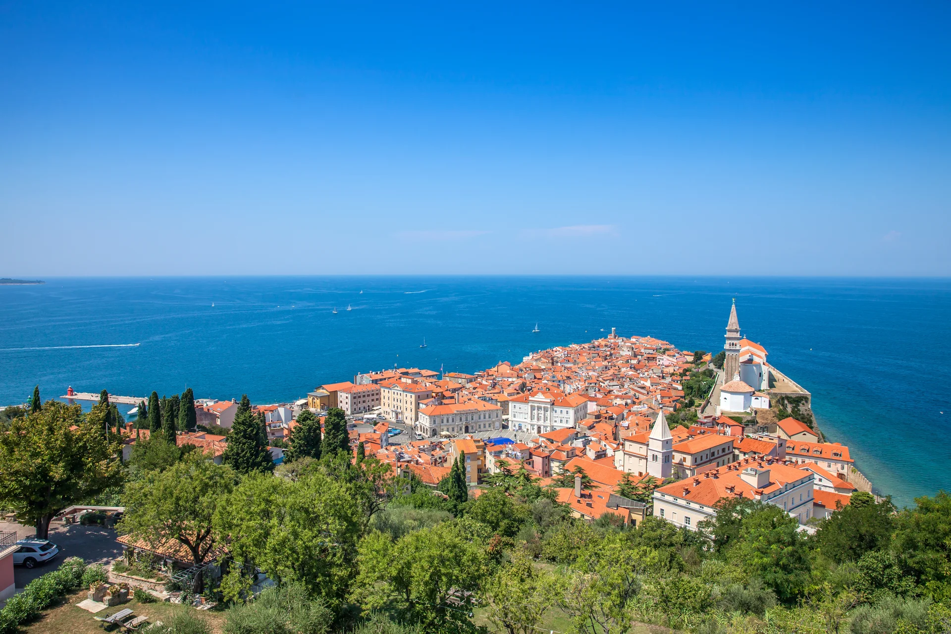 High Angle View Town Piran Slovenia Body Mediterranean. Aerial wallpaper. 5440×3627px. Free download for personal use.