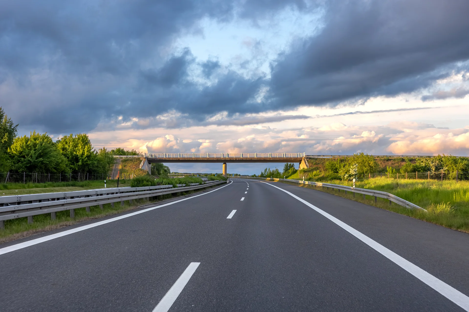 Highway With Bridge Empty Road Sunset Roadscape Panorama. Cities wallpaper. 5472×3648px. Free download for personal use.