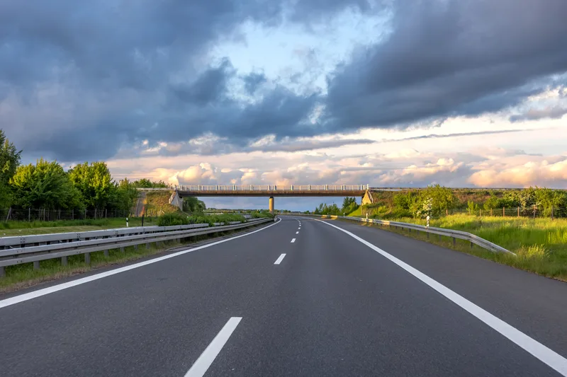 Highway With Bridge Empty Road Sunset Roadscape Panorama