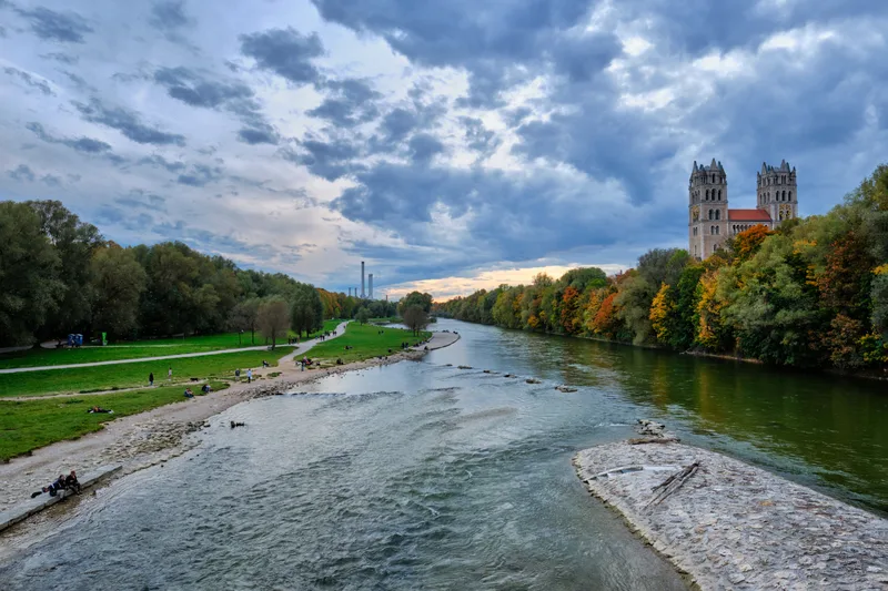 Isar River Park St Maximilian Church From Reichenbach Bridge Munchen Bavaria Germany