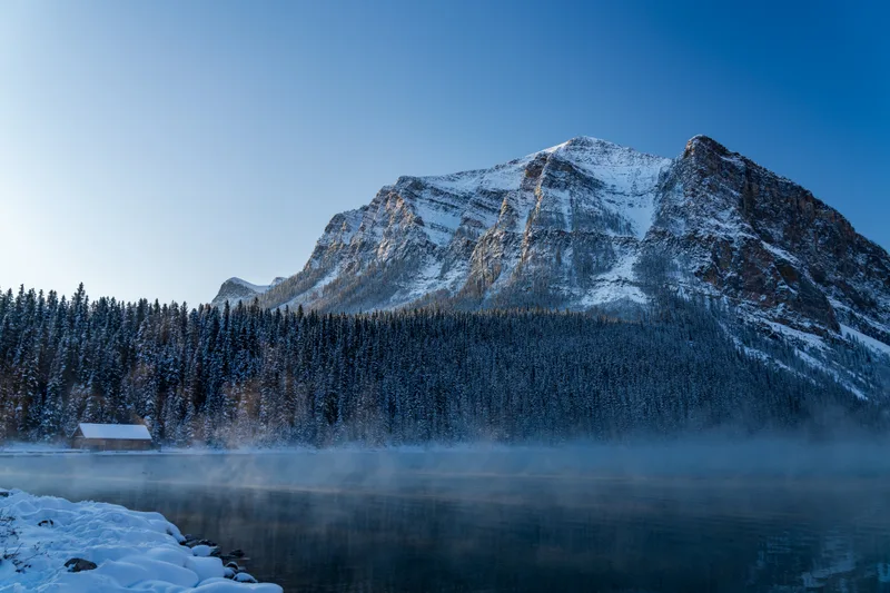 Lake Louise Boathouse Early Winter Sunny Day Morning