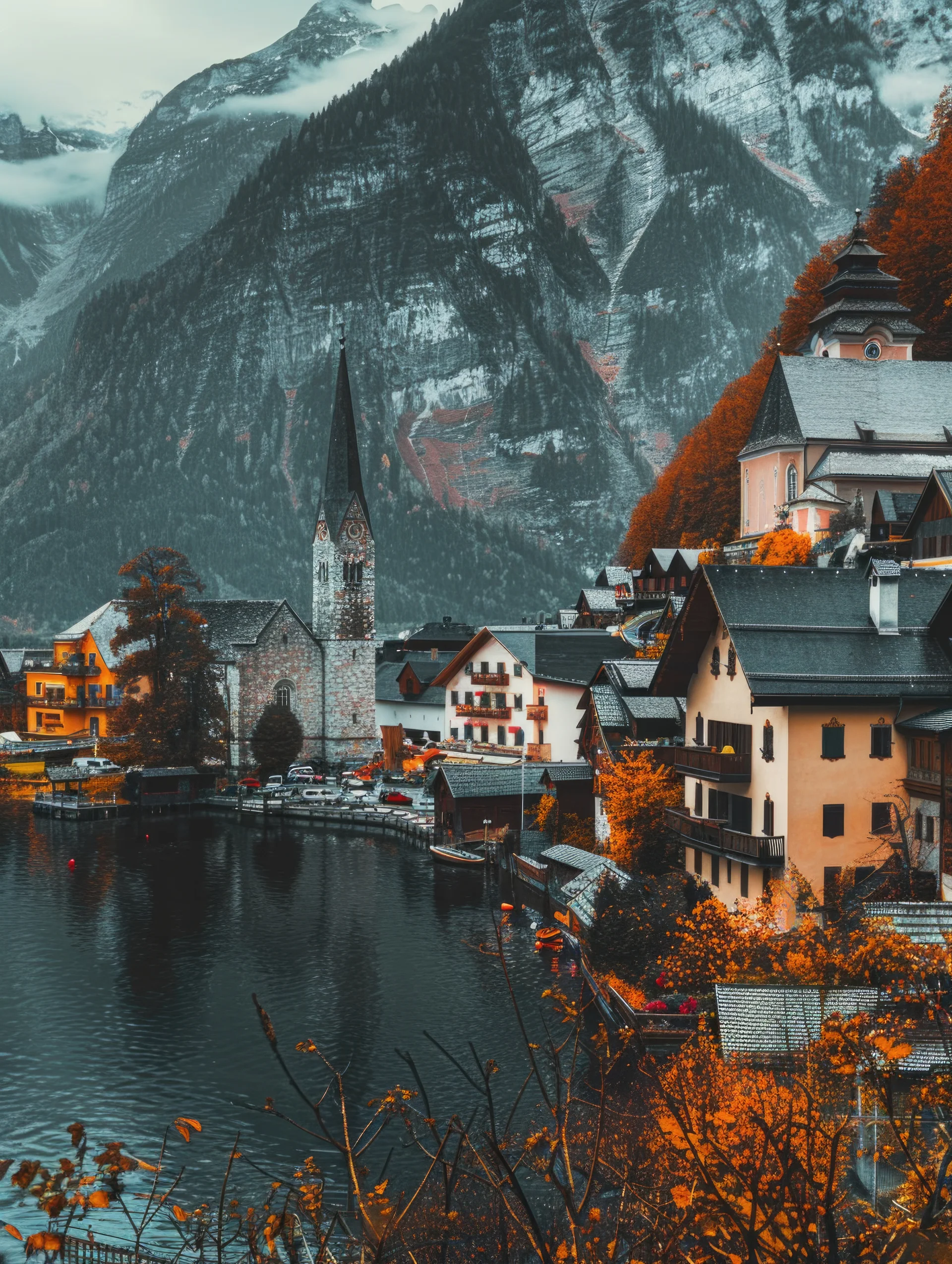 Lake Town Scenery With Mountains. Nature wallpaper. 3712×4928px. Free download for personal use.