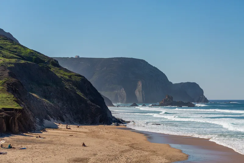 Landscape Beach Surrounded By Sea Mountains With People Around It Portugal Algarve