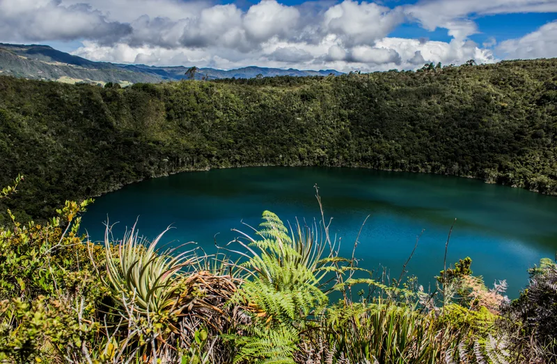 Landscape Laguna Del Cacique Guatavita Surrounded By Greenery Sunlight Colombia