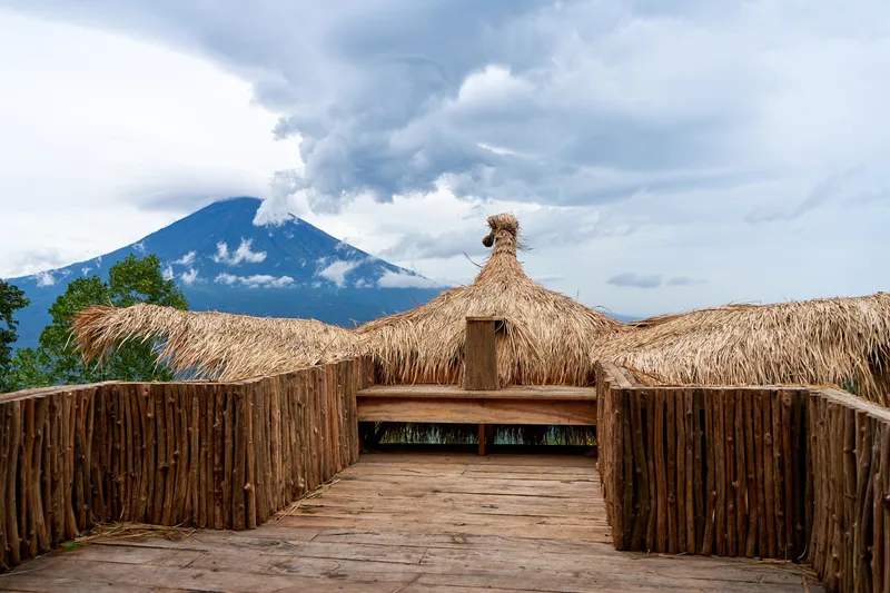 Large Straw Photo Zone Bird Viewpoint Overlooking Sacred Volcano Agung Hidden By Clouds Rainy Day Island Bali