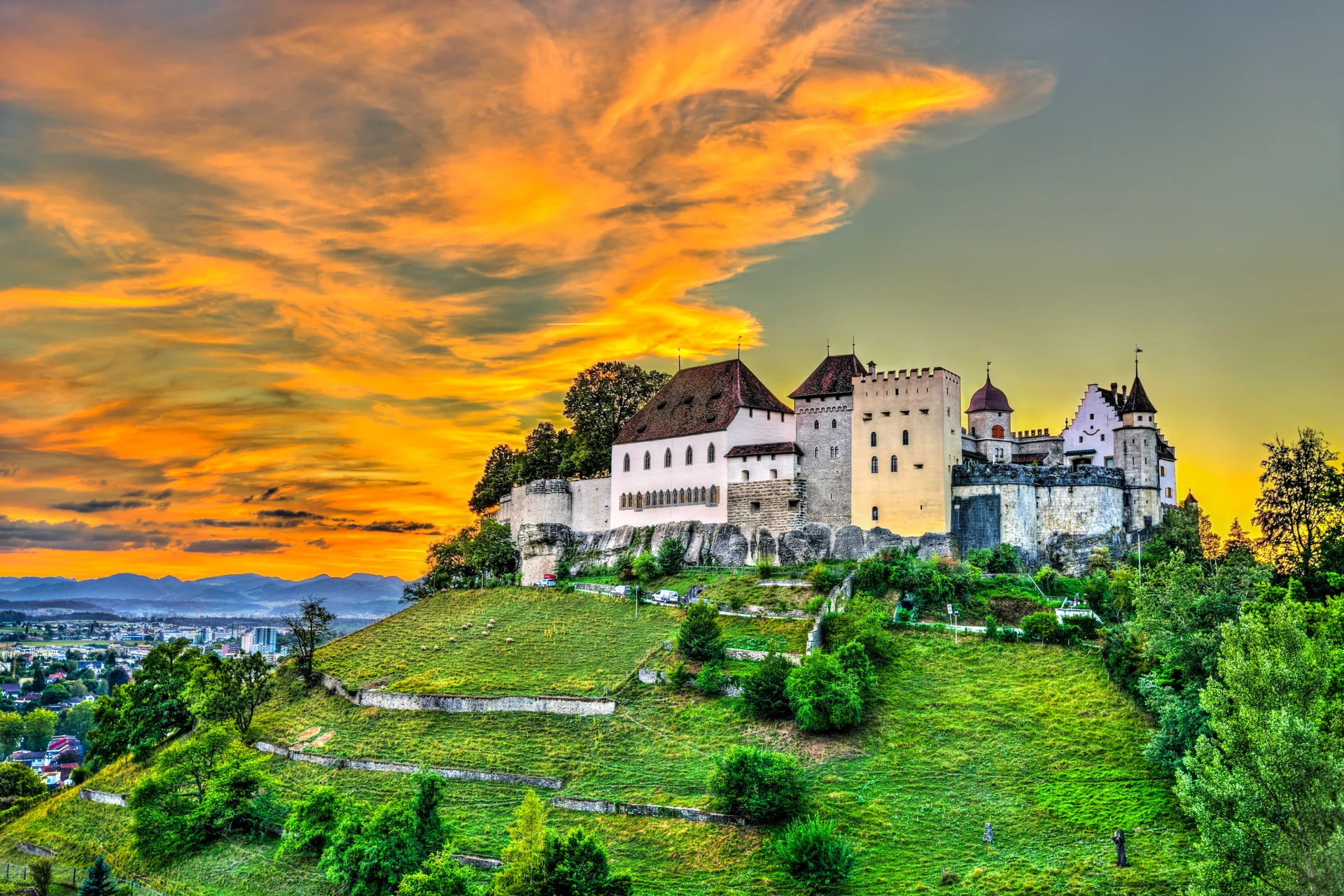 Lenzburg Castle Switzerland Sunset. Uncategorized wallpaper. 7913×5280px. Free download for personal use.