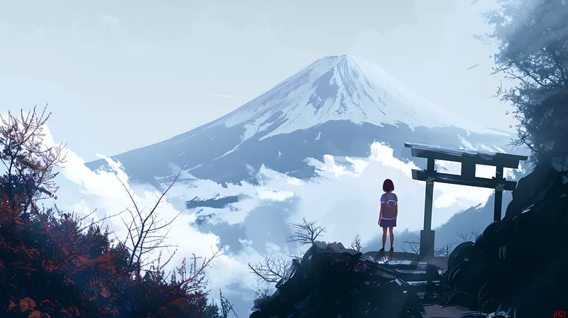 Lone Figure Stands Before Mount Fuji Symbol Japanese Culture With Torii Gate Foreground