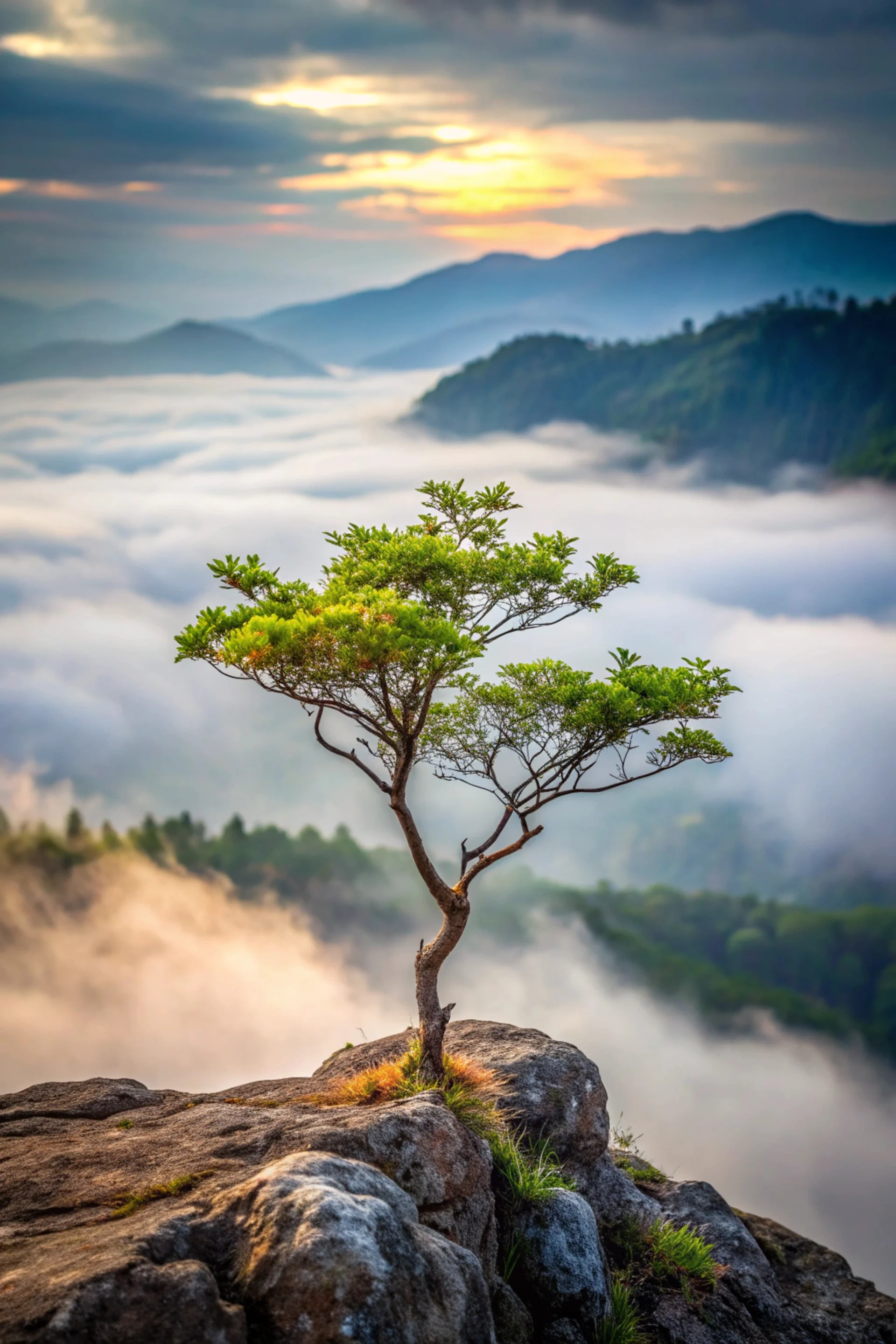 Lone Sapling Thriving Misty Mountain Overlook. Uncategorized wallpaper. 3000×4500px. Free download for personal use.