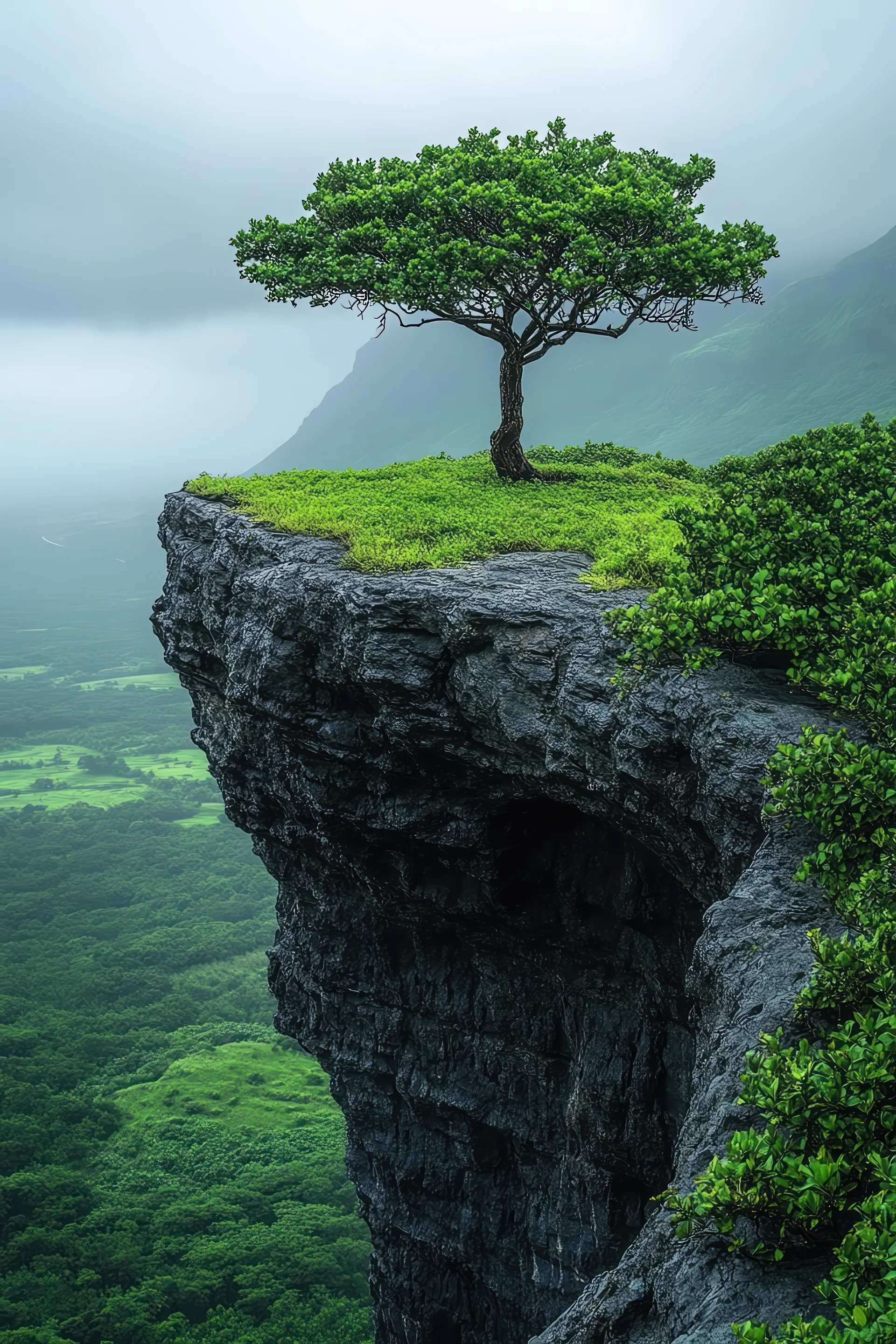 Lone Tree Perched Rocky Cliff Overlooking Lush Green Valley Cloudy Sky. Nature wallpaper. 3584×5376px. Free download for p…