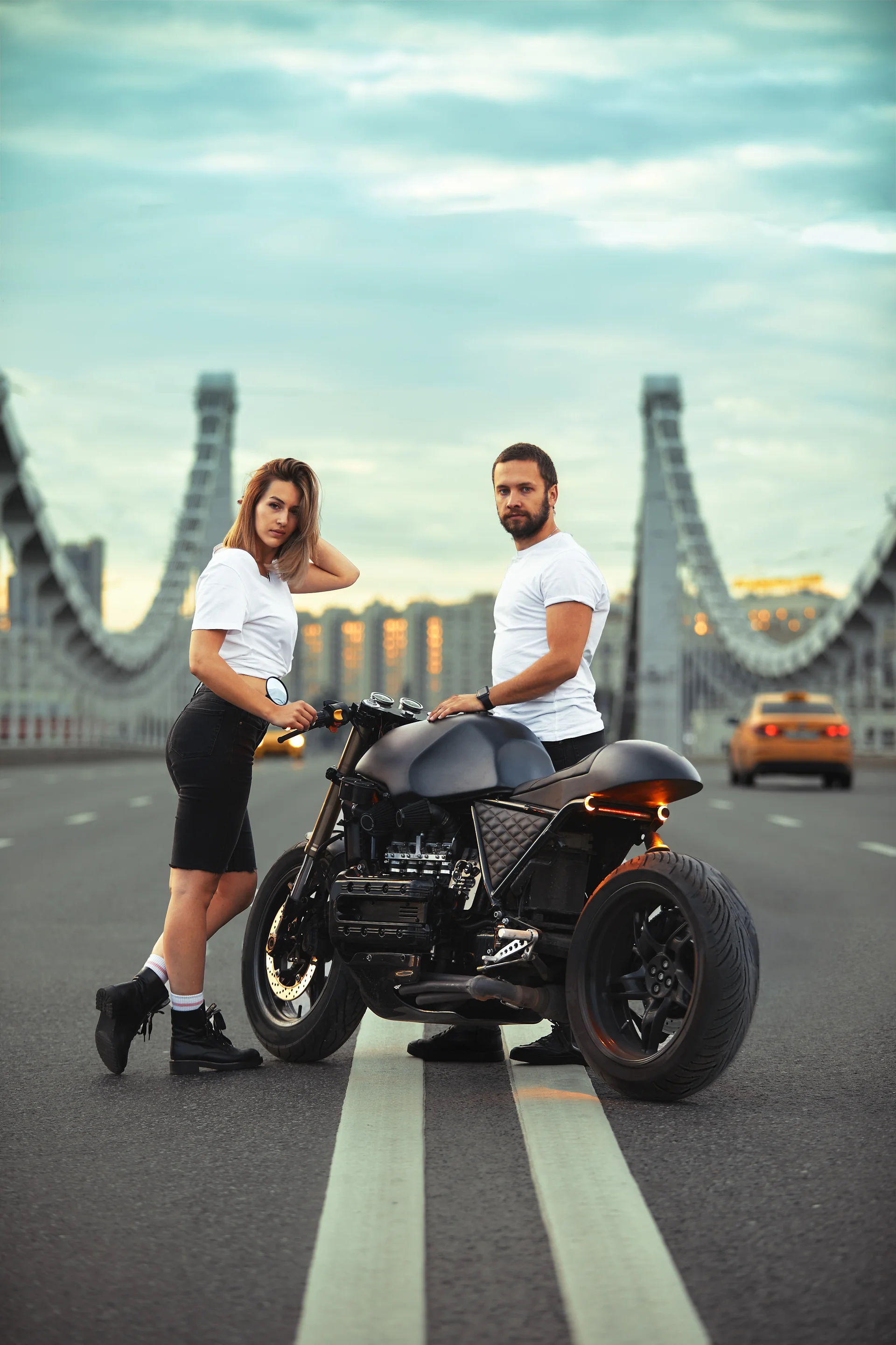 Love Romantic Concept Beautiful Couple Motorcycle Stands Opposite Each Other Middle Road Bridge Double Solid. Cities wallp…