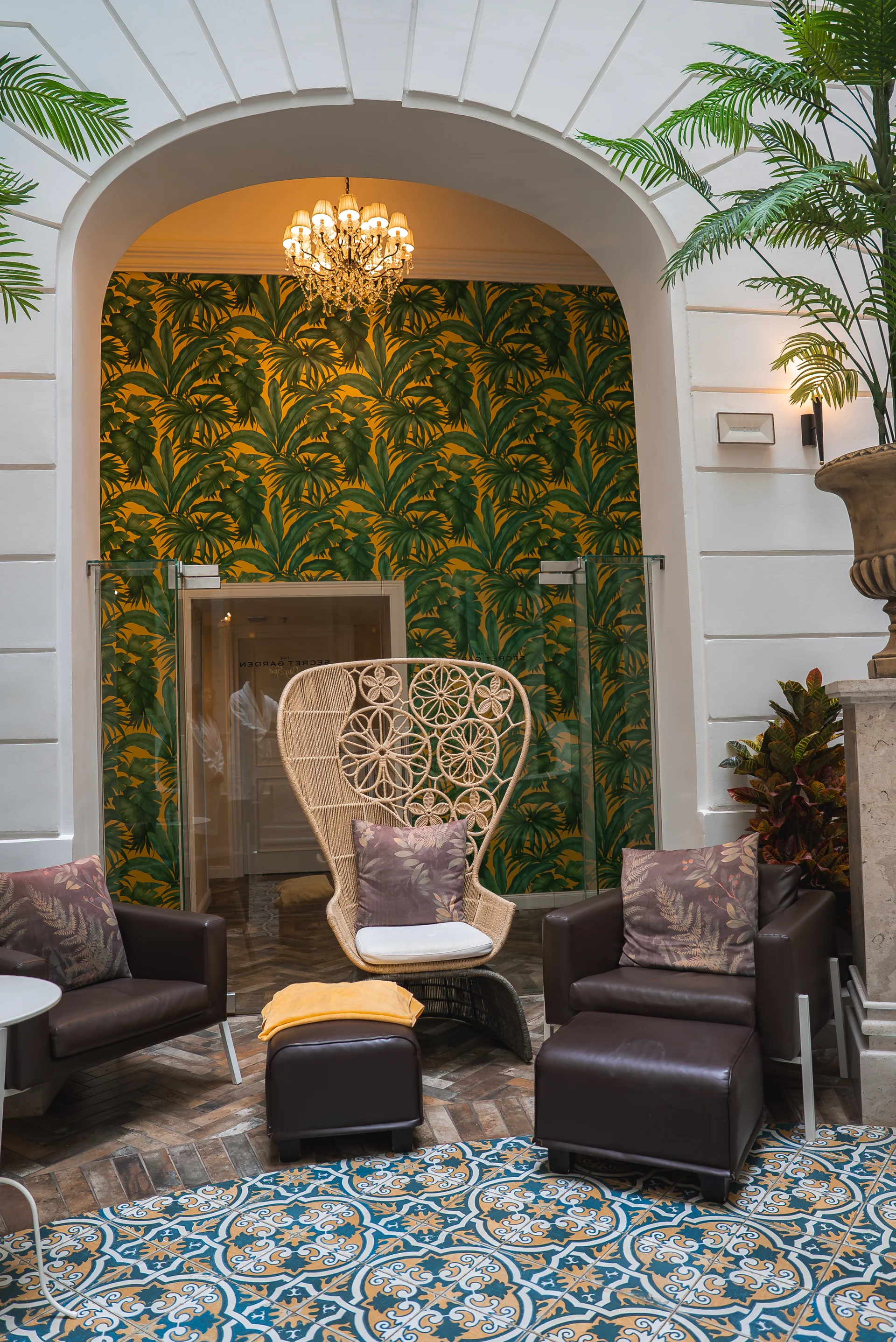 Luxurious Boutique Hotel Interior With Tropical Leaf Wallpaper. Uncategorized wallpaper. 2738×4100px. Free download for pe…