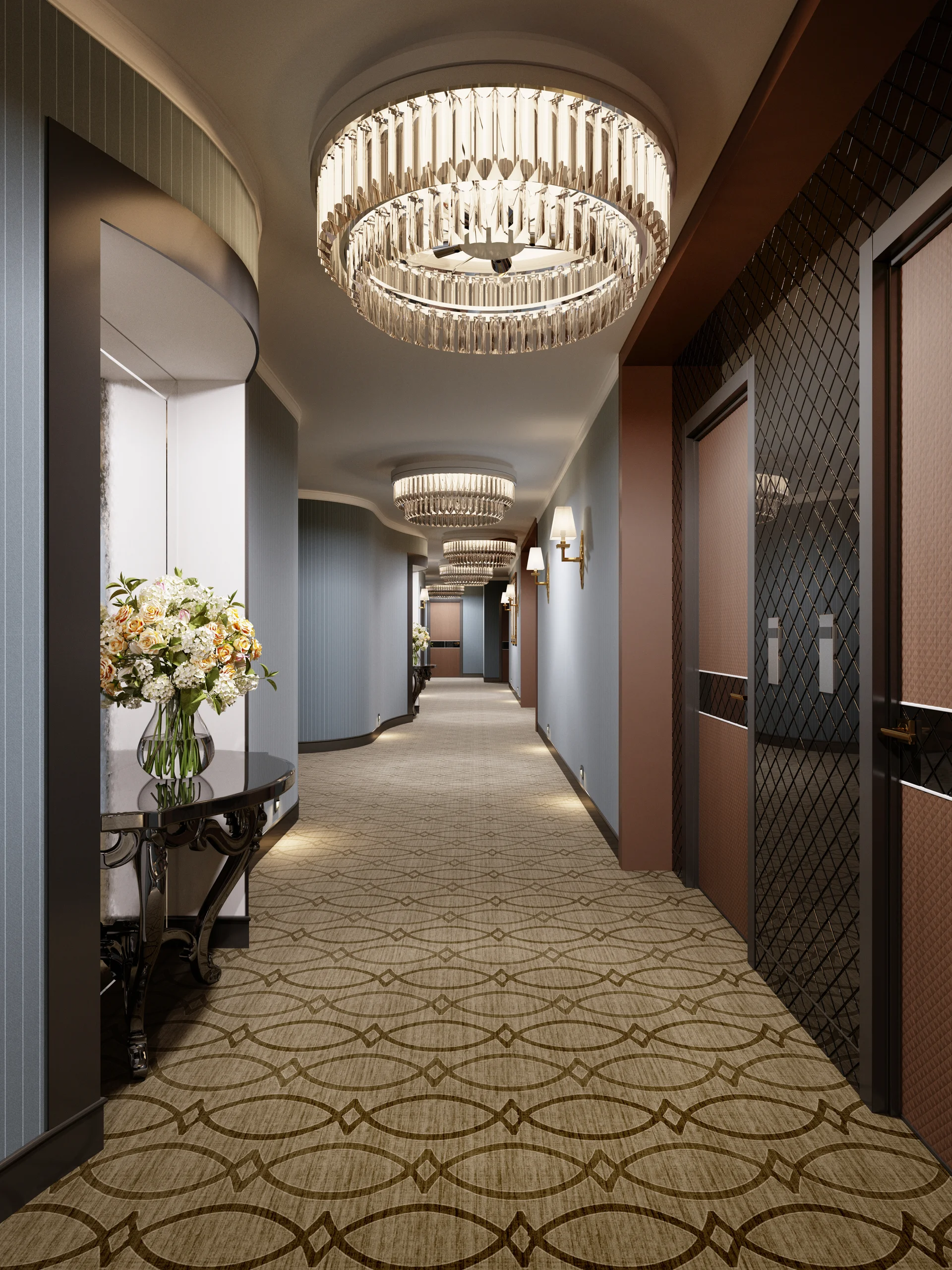 Luxurious Modern Corridor With Blue Walls Decorative Niches With Consoles Glass Chandeliers Interior Design Hall With Door…