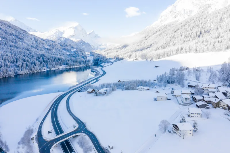 Magical Switzerland Winter Lake Center Alps Surrounded By Forest Covered By Snow