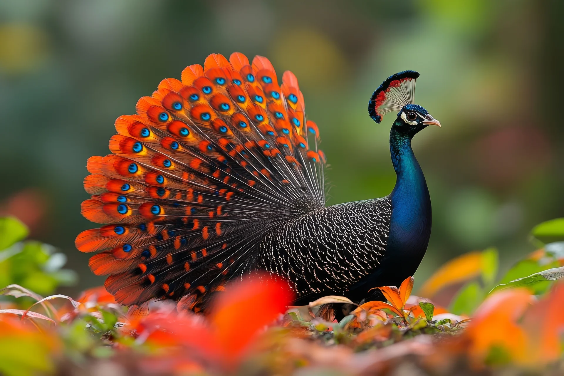 Majestic Green Peafowl Displaying Its Vibrant Plumage Lush Garden Setting. Nature wallpaper. 5376×3584px. Free download fo…