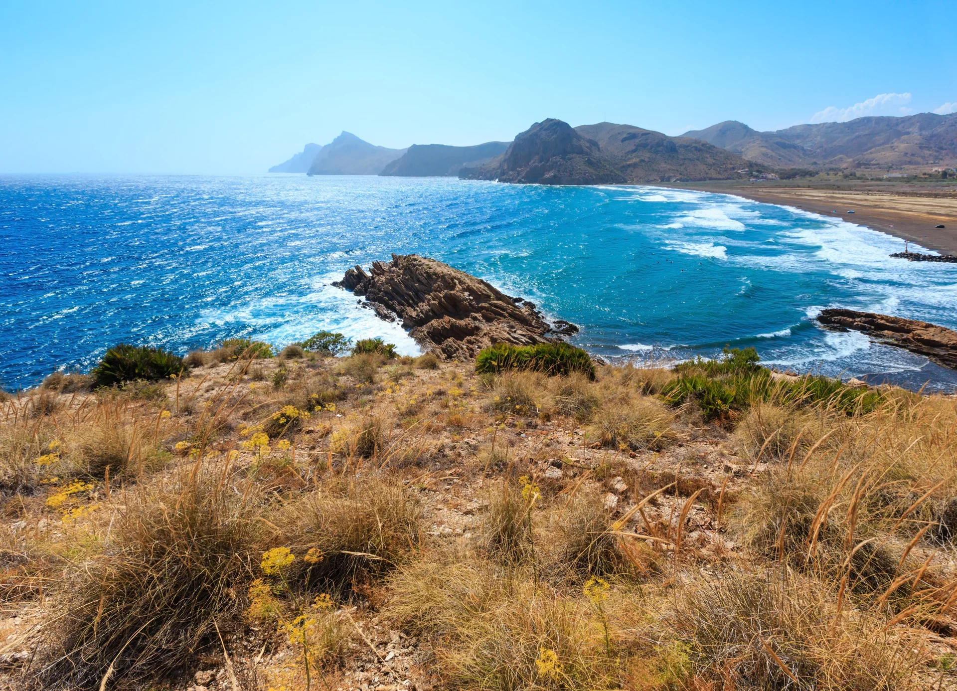 Mediterranean Sea Summer Coastline View With Beach Yellow Flowers Frontportman Bay Costa Blanca Spain. Nature wallpaper. 4…