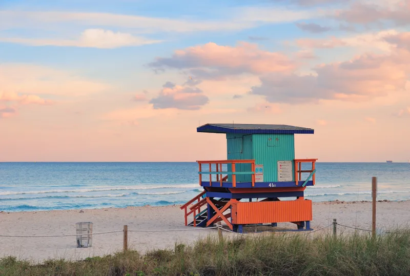 Miami South Beach Sunset With Lifeguard Tower Coastline With Colorful Cloud Blue Sky