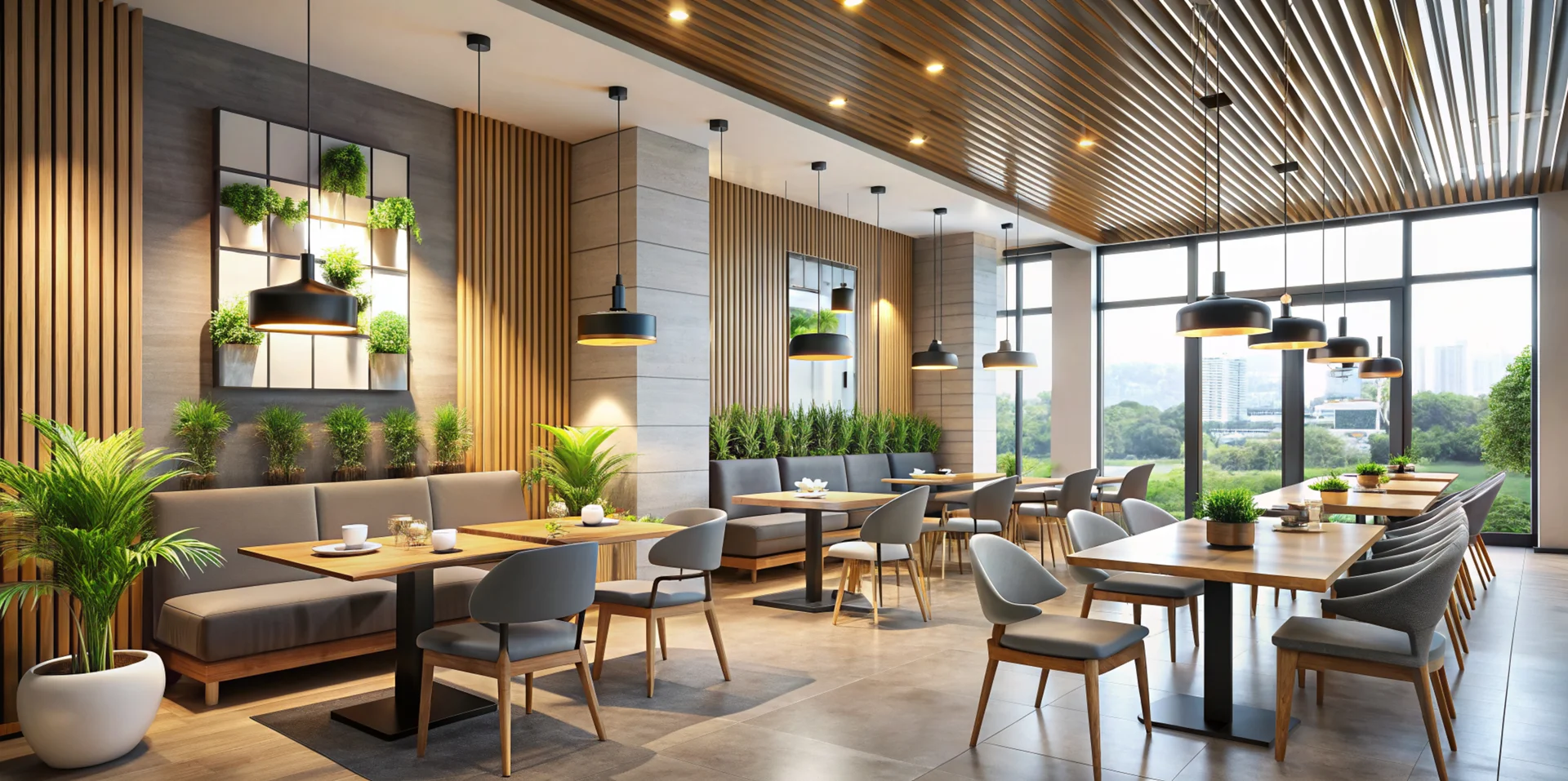 Modern Restaurant With Stylish Decor Natural Light. Uncategorized wallpaper. 8000×3989px. Free download for personal use.
