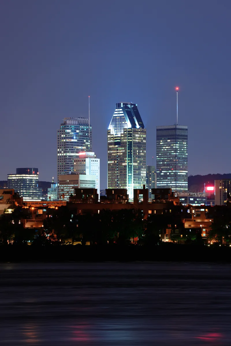 Montreal River Dusk With City Lights Urban Buildings