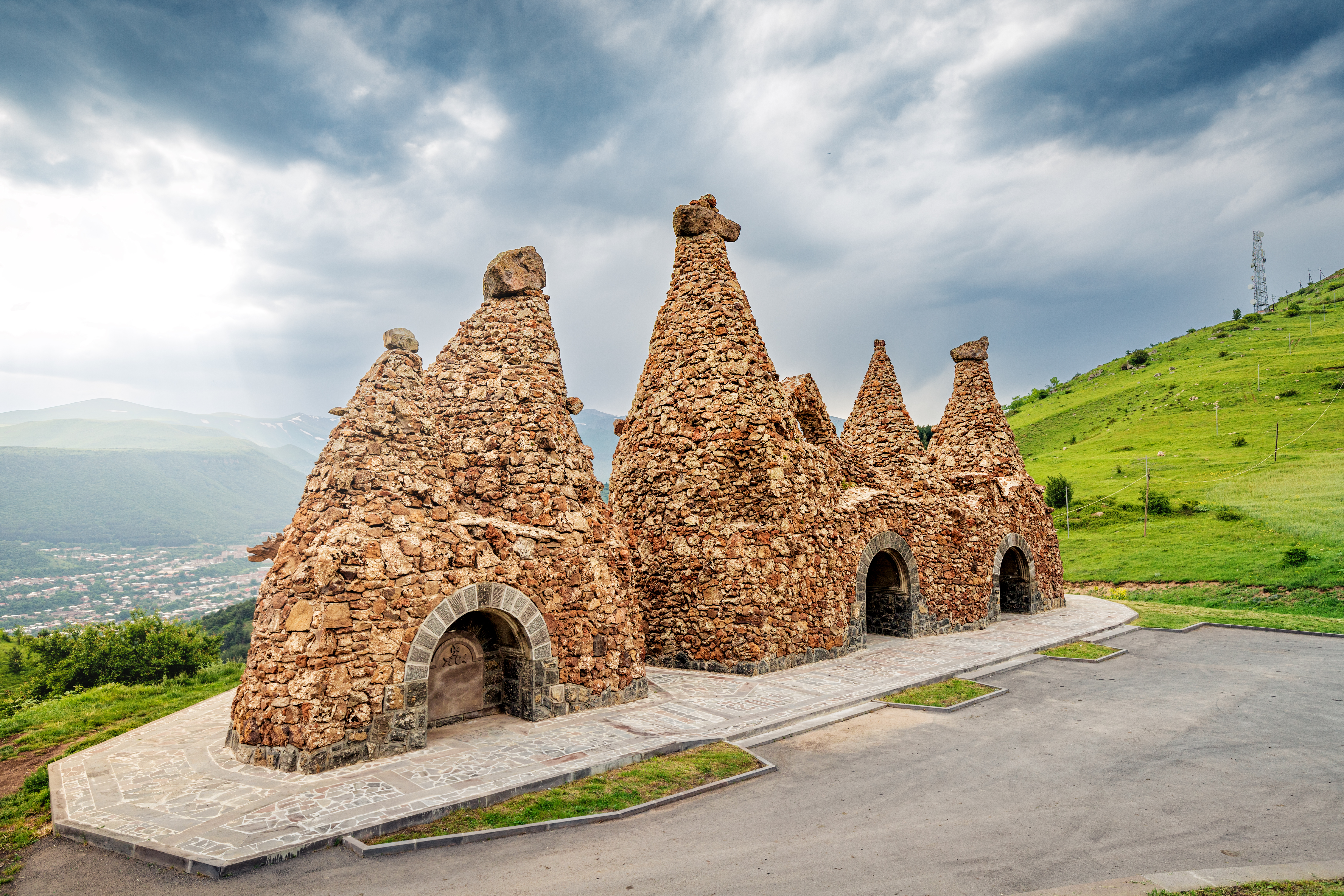 Monument Near Road Dedicated Ancient Cave Dwellings Carved Out Soft Volcanic Tuff Rocks That Is Main Attraction Goris Town Armenia