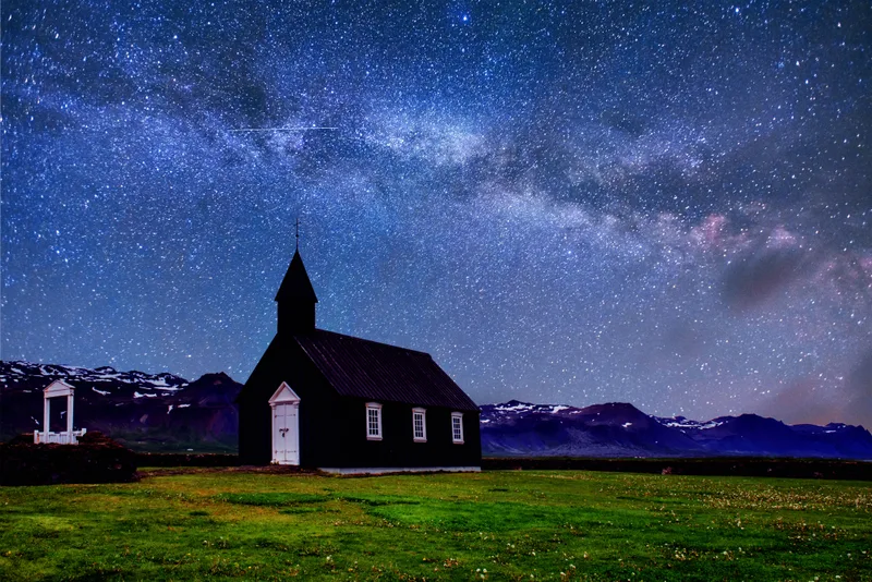 Mountain View Iceland Fantastic Starry Sky Milky Way Beautiful Black Wooden Church Budir