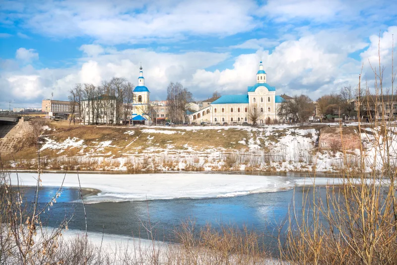 Nikolskaya Church Banks Dnieper River Smolensk Blue Spring Sky