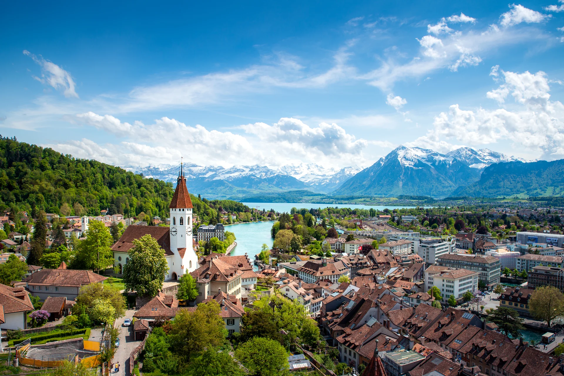 Panorama Thun City Canton Bern With Alps Thunersee Lake Switzerland. Uncategorized wallpaper. 7360×4912px. Free download f…