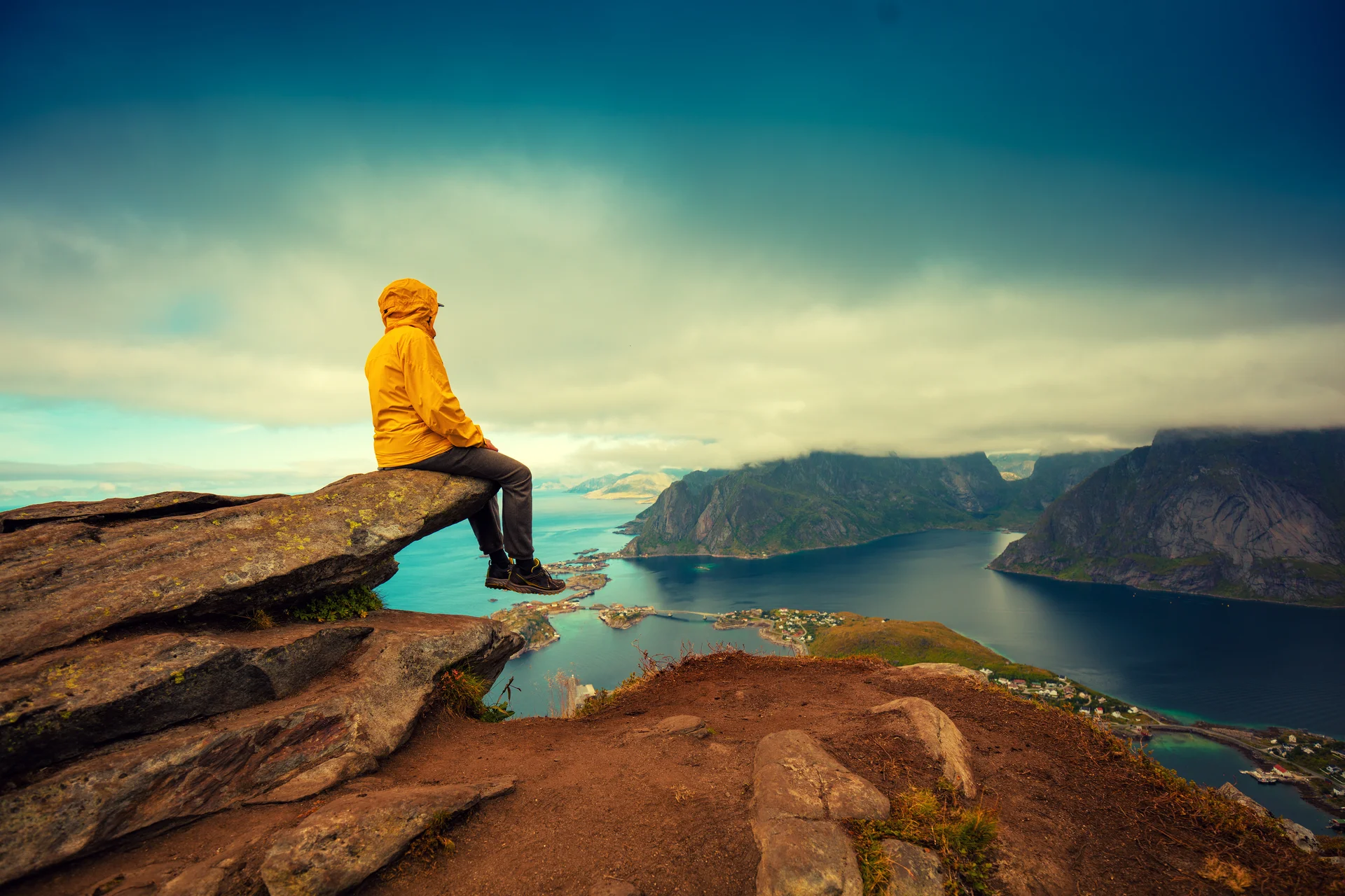 Panoramic Aerial View Fjord Fishing Village Man Tourist Sitting Cliff Rock Beautiful Mountain Landscape Nature Norway Lofo…