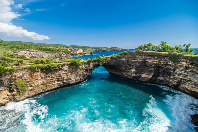 Panoramic View Broken Beach Nusa Penida Bali Indonesia Blue Sky Turquoise Water